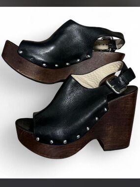 Black Leather Wooden Platform Wedge Sandals - Women